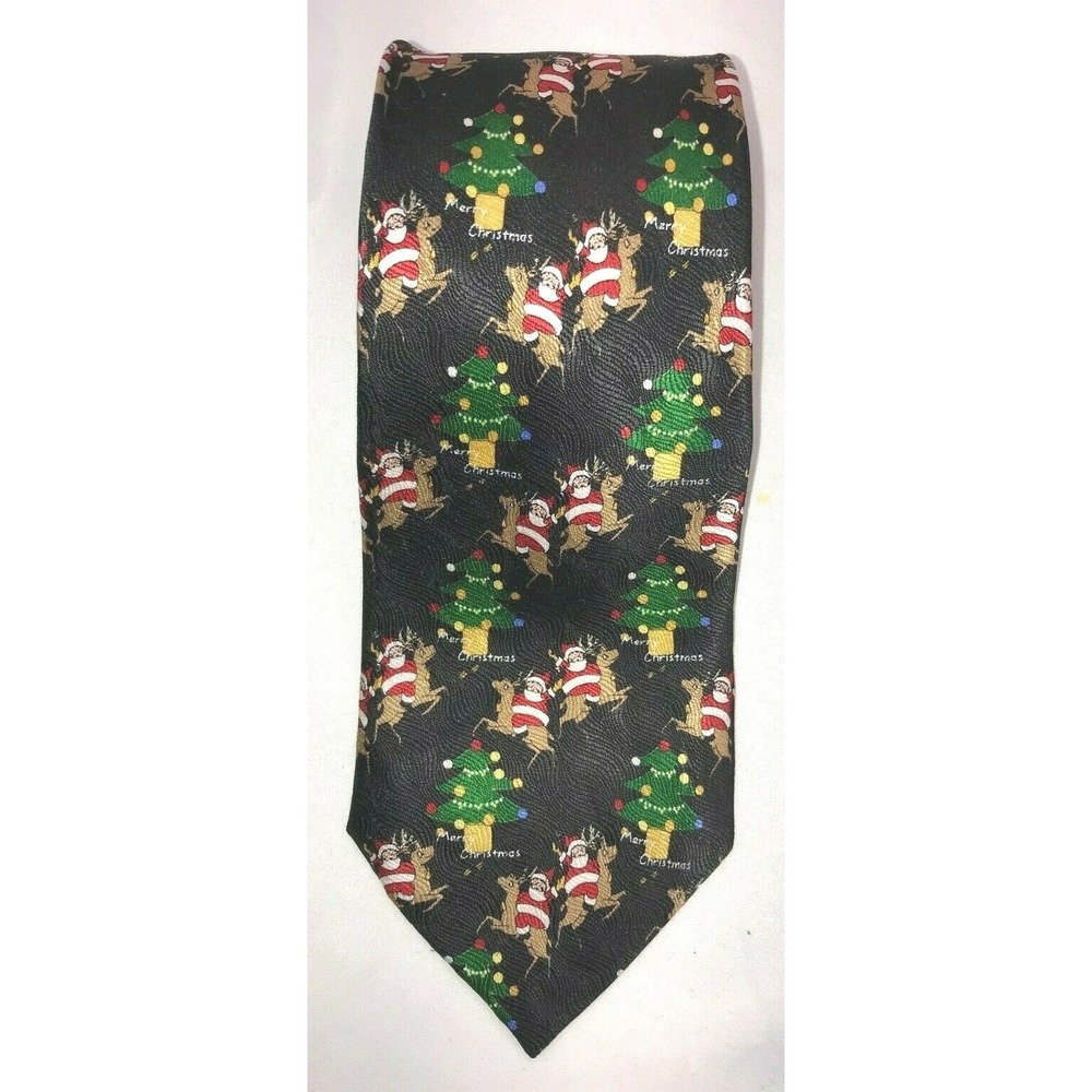 NOS Cape Cod Neckwear Silk Christmas Navy Santa Reindeer Tree Neck Tie 56"‎ long